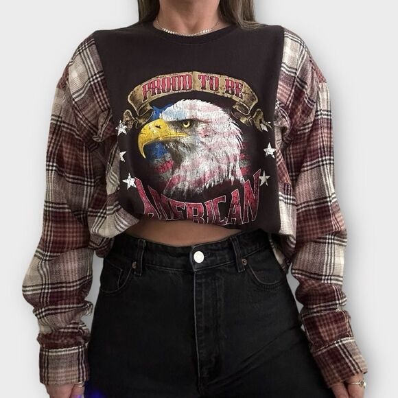 Upcycled Tops - Reworked Upcycled Patriot USA Bald Eagle Grunge Biker Plaid Long Sleeved Shirt